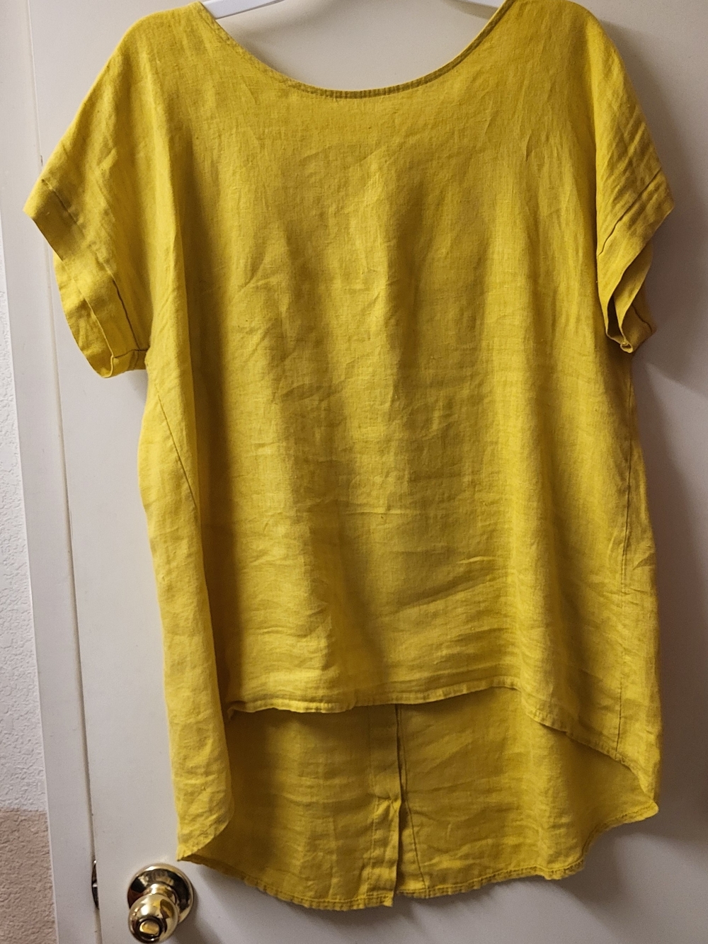 Terzo Millenio Yellow Linen High-Low Short Sleeve Blouse, Medium